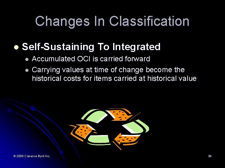 Changes In Classification l Self-Sustaining To Integrated l l Accumulated OCI is carried forward