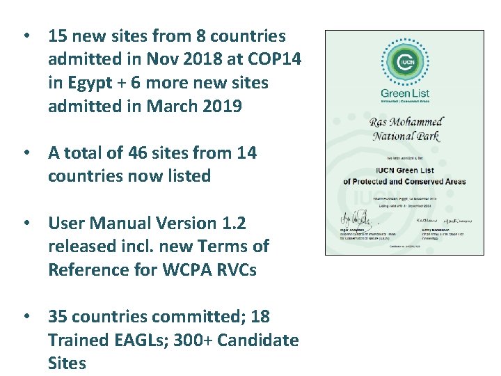  • 15 new sites from 8 countries admitted in Nov 2018 at COP