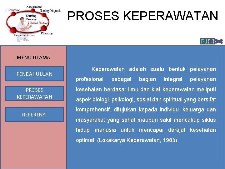 PROSES KEPERAWATAN MENU UTAMA PENDAHULUAN PROSES KEPERAWATAN REFERENSI Keperawatan adalah suatu bentuk pelayanan profesional