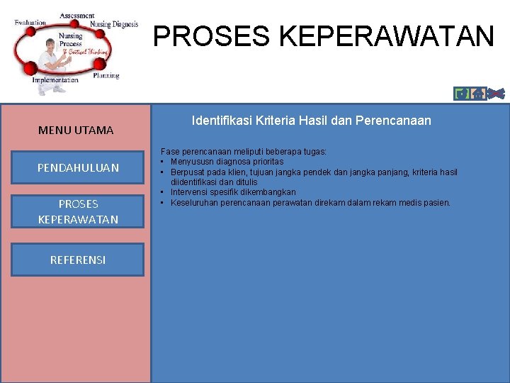 PROSES KEPERAWATAN MENU UTAMA PENDAHULUAN PROSES KEPERAWATAN REFERENSI Identifikasi Kriteria Hasil dan Perencanaan Fase