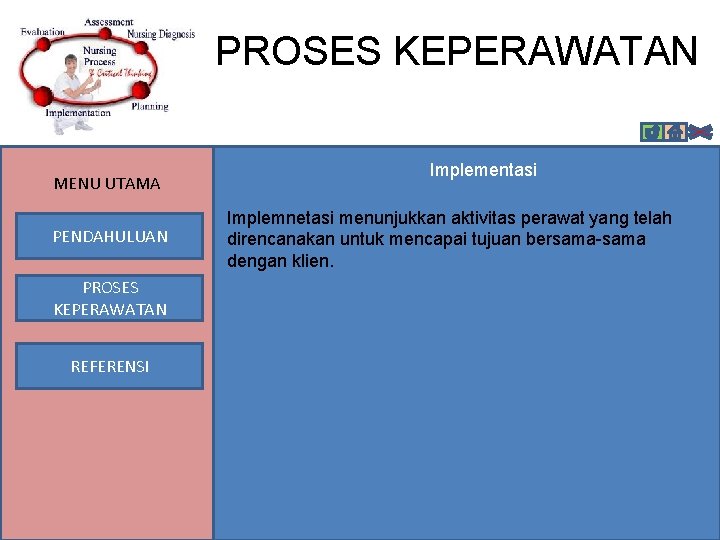 PROSES KEPERAWATAN MENU UTAMA PENDAHULUAN PROSES KEPERAWATAN REFERENSI Implementasi Implemnetasi menunjukkan aktivitas perawat yang