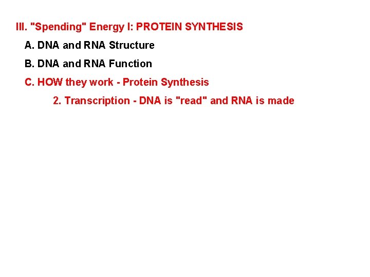 III. "Spending" Energy I: PROTEIN SYNTHESIS A. DNA and RNA Structure B. DNA and