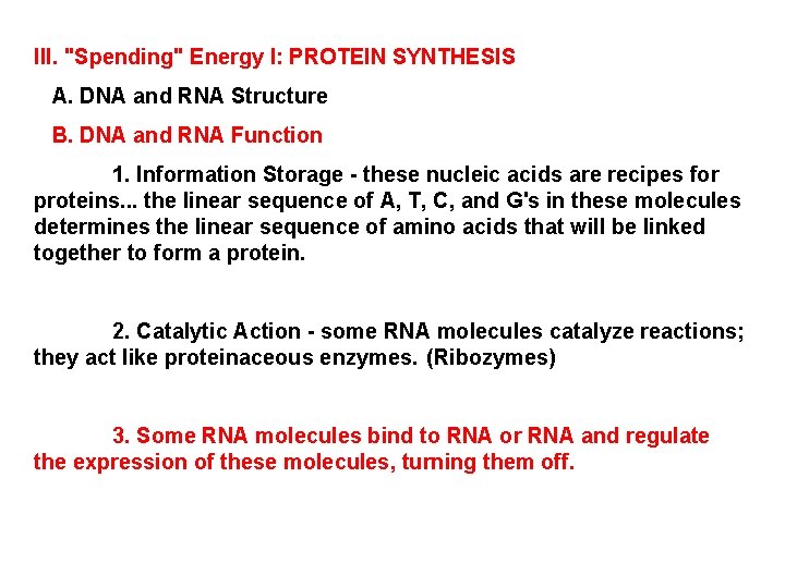 III. "Spending" Energy I: PROTEIN SYNTHESIS A. DNA and RNA Structure B. DNA and