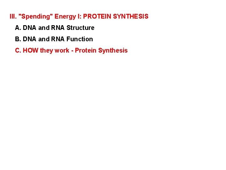 III. "Spending" Energy I: PROTEIN SYNTHESIS A. DNA and RNA Structure B. DNA and