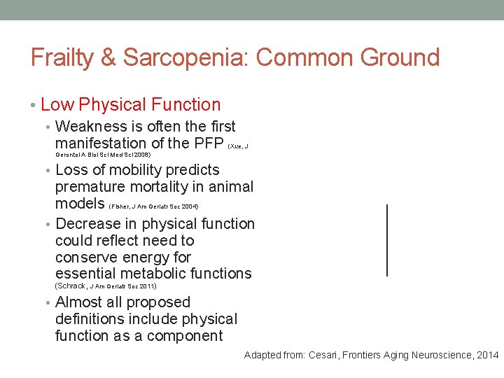 Frailty & Sarcopenia: Common Ground • Low Physical Function • Weakness is often the