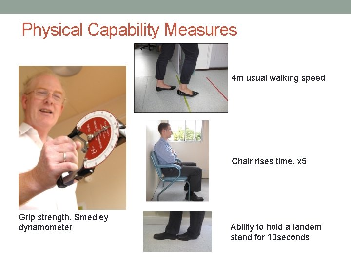 Physical Capability Measures 4 m usual walking speed Chair rises time, x 5 Grip