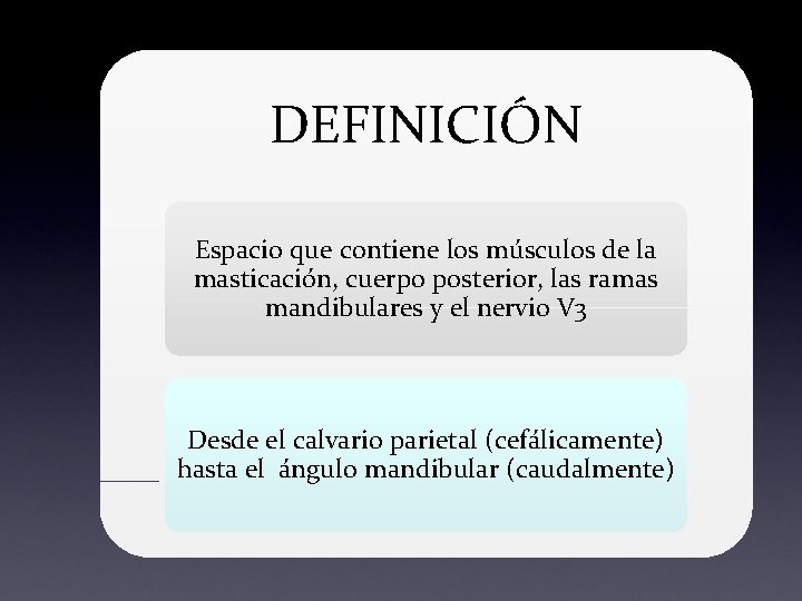 DEFINICIÓN Espacio que contiene los músculos de la masticación, cuerpo posterior, las ramas mandibulares