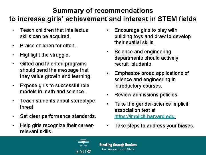 Summary of recommendations to increase girls’ achievement and interest in STEM fields • Teach