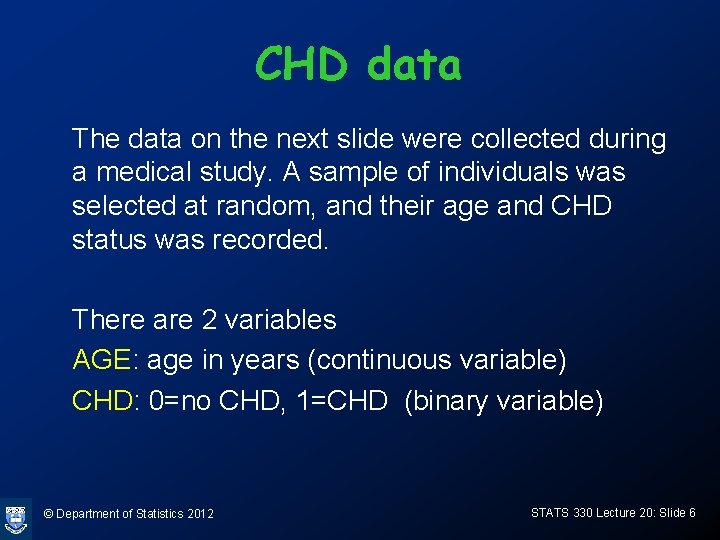 CHD data The data on the next slide were collected during a medical study.