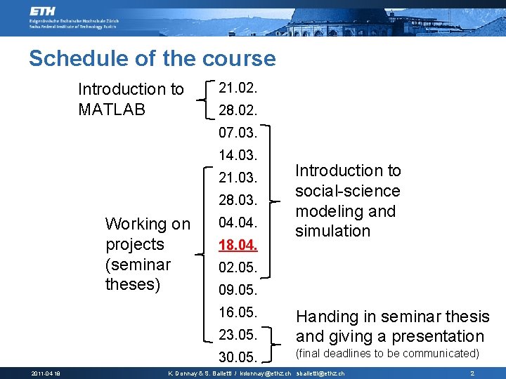 Schedule of the course Introduction to MATLAB 21. 02. 28. 02. 07. 03. 14.