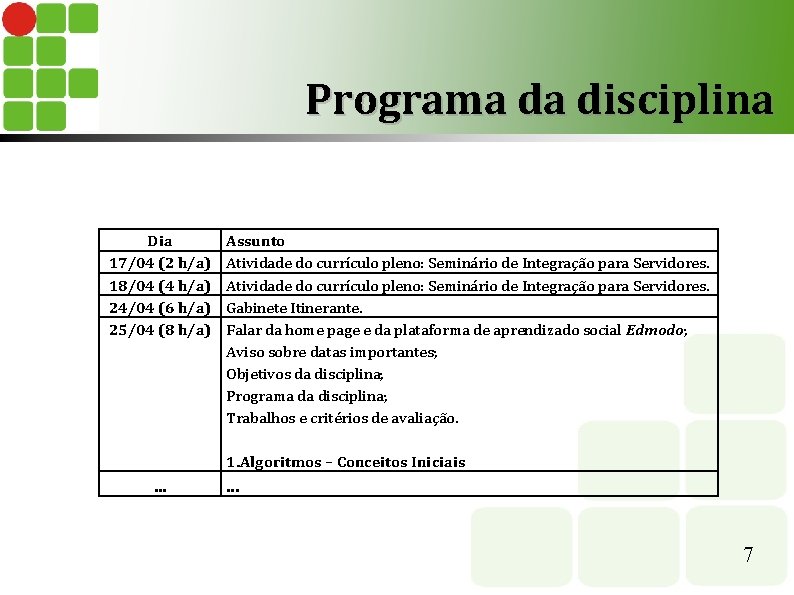 Programa da disciplina Dia 17/04 (2 h/a) 18/04 (4 h/a) 24/04 (6 h/a) 25/04 Programa da disciplina Dia 17/04 (2 h/a) 18/04 (4 h/a) 24/04 (6 h/a) 25/04