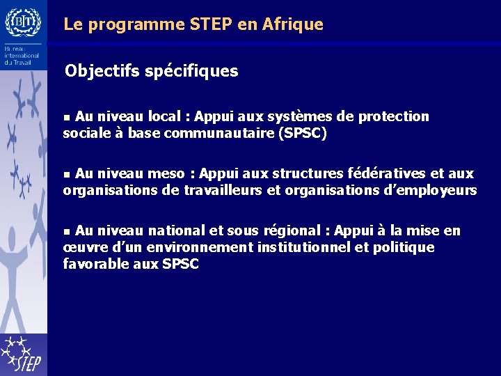 Le programme STEP en Afrique Objectifs spécifiques Au niveau local : Appui aux systèmes