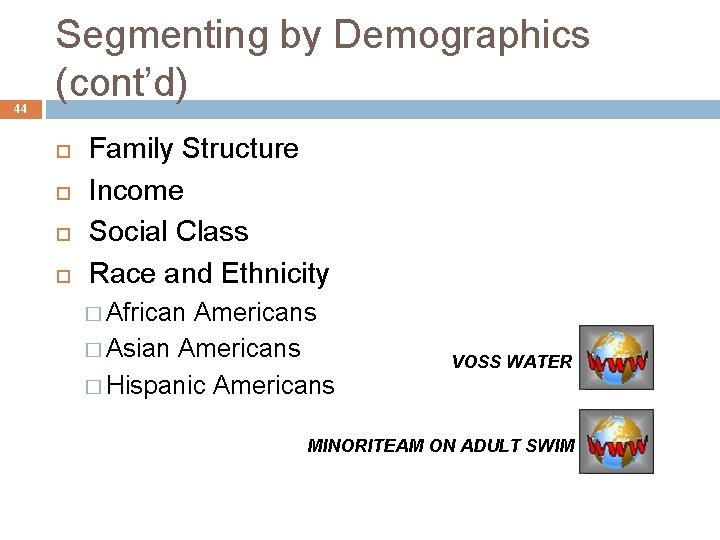 44 Segmenting by Demographics (cont’d) Family Structure Income Social Class Race and Ethnicity �