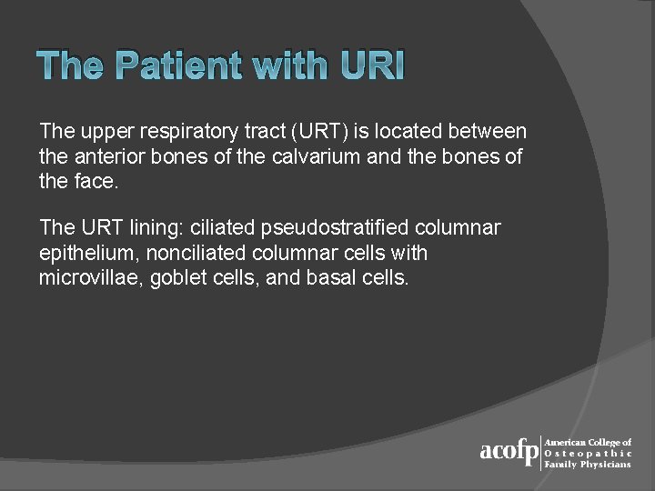 The Patient with URI The upper respiratory tract (URT) is located between the anterior
