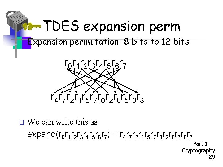 TDES expansion perm • Expansion permutation: 8 bits to 12 bits r 0 r