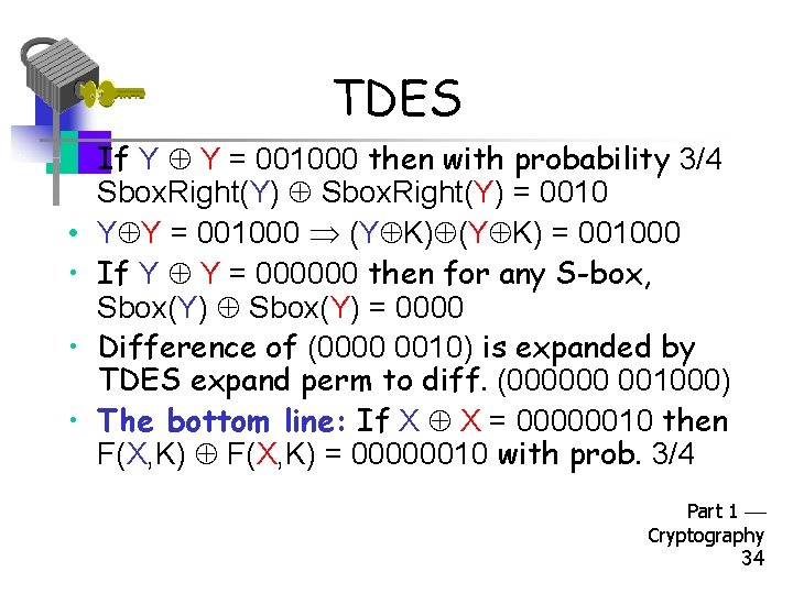 TDES • If Y Y = 001000 then with probability 3/4 Sbox. Right(Y) =