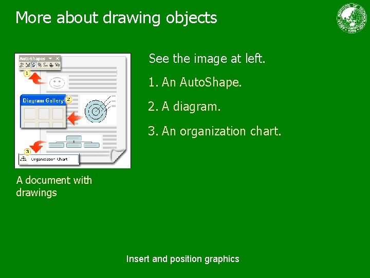 More about drawing objects See the image at left. 1. An Auto. Shape. 2.