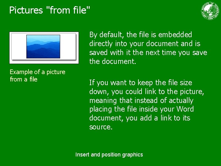 Pictures "from file" By default, the file is embedded directly into your document and