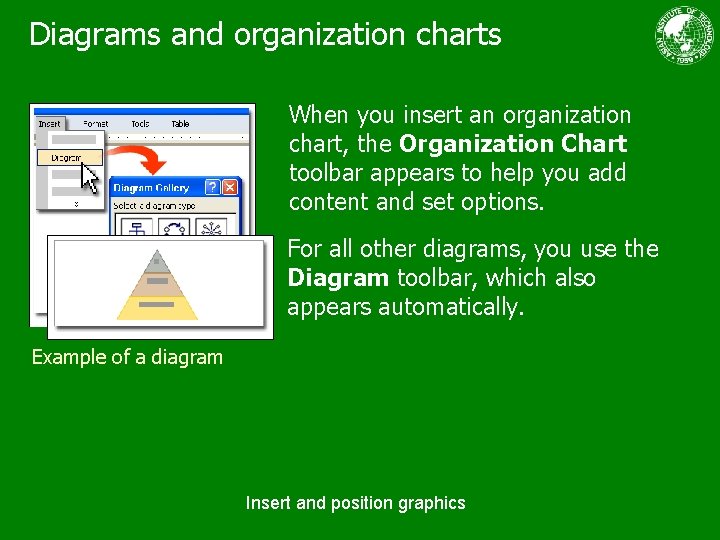 Diagrams and organization charts When you insert an organization chart, the Organization Chart toolbar