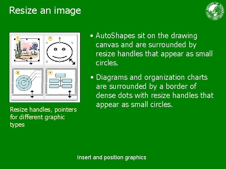 Resize an image • Auto. Shapes sit on the drawing canvas and are surrounded