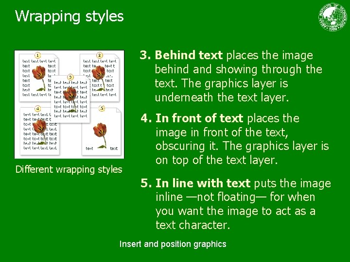 Wrapping styles 3. Behind text places the image behind and showing through the text.