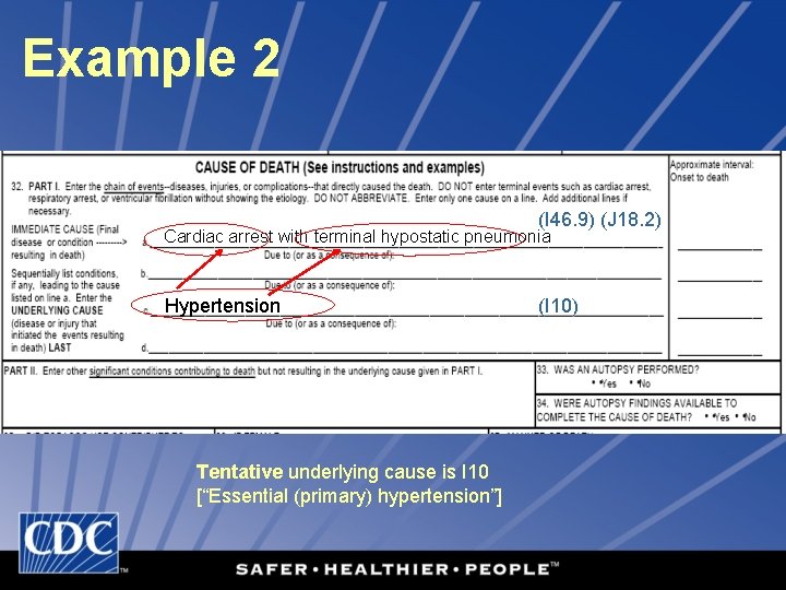 Example 2 (I 46. 9) (J 18. 2) Cardiac arrest with terminal hypostatic pneumonia