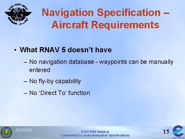 Navigation Specification – Aircraft Requirements • What RNAV 5 doesn’t have – No navigation Navigation Specification – Aircraft Requirements • What RNAV 5 doesn’t have – No navigation