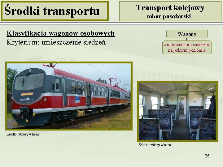 Środki transportu Klasyfikacja wagonów osobowych Kryterium: umieszczenie siedzeń Transport kolejowy tabor pasażerski Wagony z
