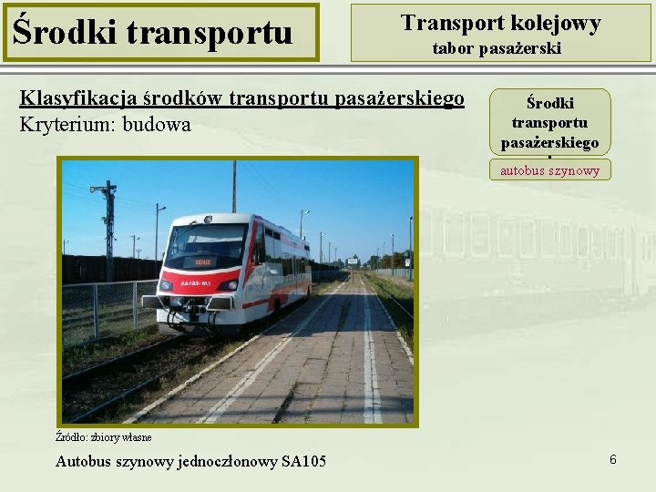 Środki transportu Transport kolejowy tabor pasażerski Klasyfikacja środków transportu pasażerskiego Kryterium: budowa Środki transportu