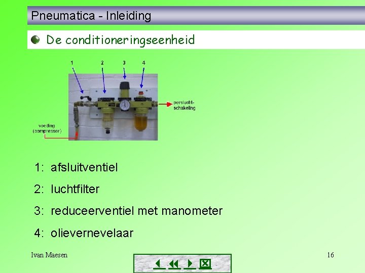 Pneumatica - Inleiding De conditioneringseenheid 1: afsluitventiel 2: luchtfilter 3: reduceerventiel met manometer 4: