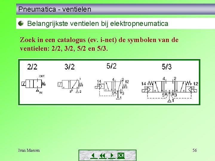 Pneumatica - ventielen Belangrijkste ventielen bij elektropneumatica Zoek in een catalogus (ev. i-net) de Pneumatica - ventielen Belangrijkste ventielen bij elektropneumatica Zoek in een catalogus (ev. i-net) de