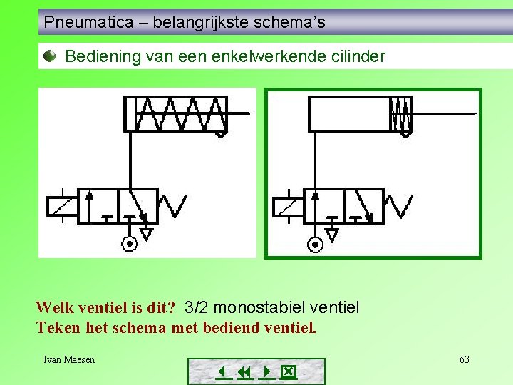Pneumatica – belangrijkste schema’s Bediening van een enkelwerkende cilinder Welk ventiel is dit? 3/2 Pneumatica – belangrijkste schema’s Bediening van een enkelwerkende cilinder Welk ventiel is dit? 3/2