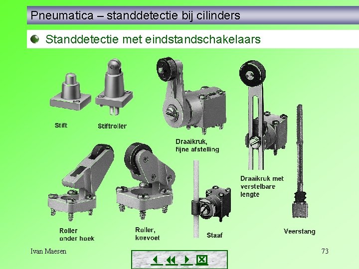 Pneumatica – standdetectie bij cilinders Standdetectie met eindstandschakelaars Ivan Maesen 73 Pneumatica – standdetectie bij cilinders Standdetectie met eindstandschakelaars Ivan Maesen 73