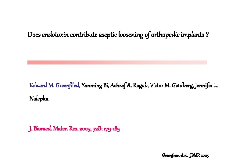 Does endotoxin contribute aseptic loosening of orthopedic implants ? Edward M. Greenfiled, Yanming Bi,