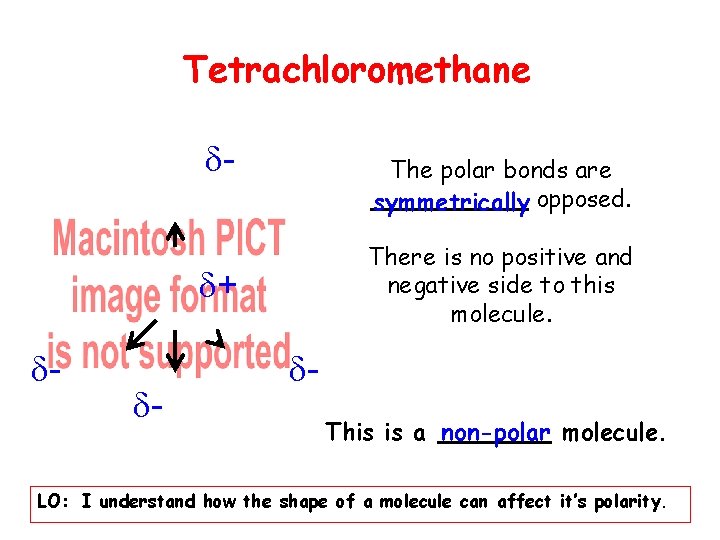 Tetrachloromethane - The polar bonds are symmetrically opposed. There is no positive and negative