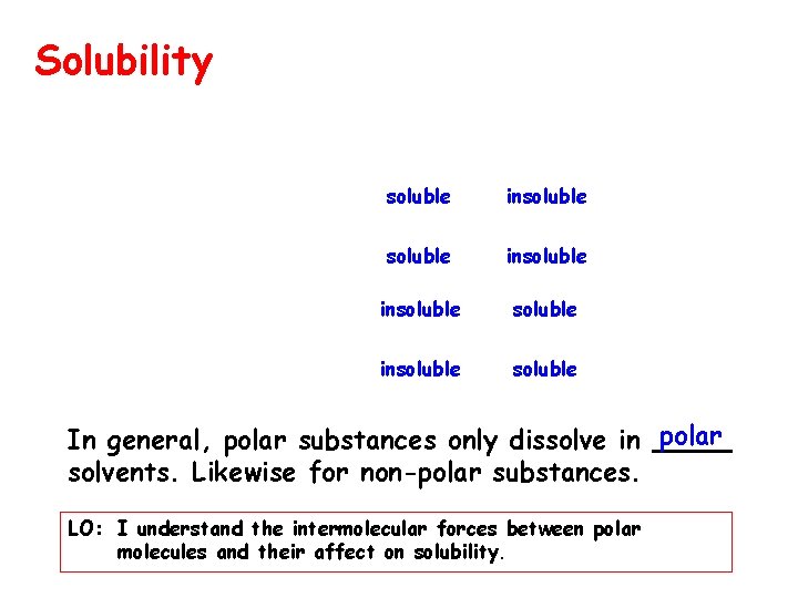 Solubility soluble insoluble soluble In general, polar substances only dissolve in polar. solvents. Likewise