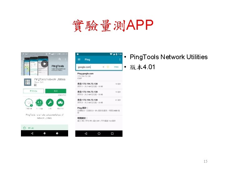 實驗量測APP • Ping. Tools Network Utilities • 版本 4. 01 15 