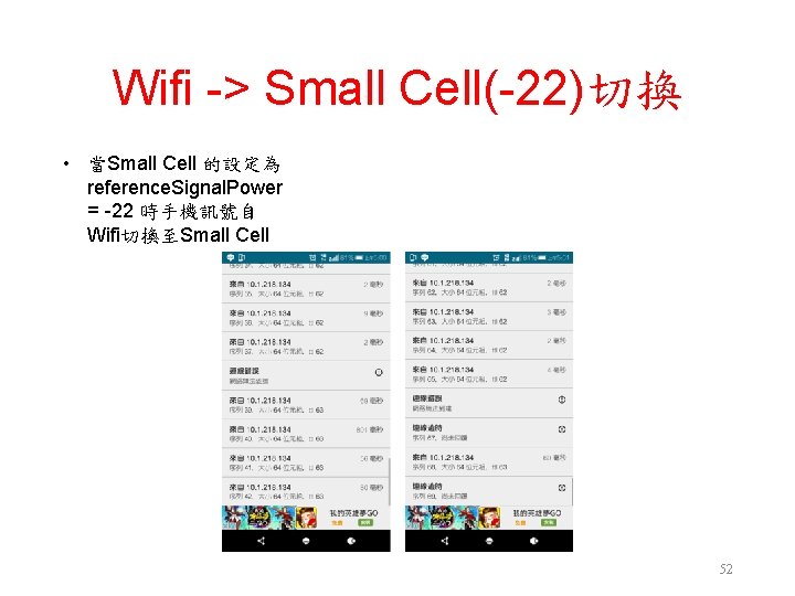 Wifi -> Small Cell(-22)切換 • 當Small Cell 的設定為 reference. Signal. Power = -22 時手機訊號自