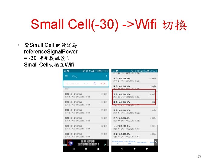 Small Cell(-30) ->Wifi 切換 • 當Small Cell 的設定為 reference. Signal. Power = -30 時手機訊號自