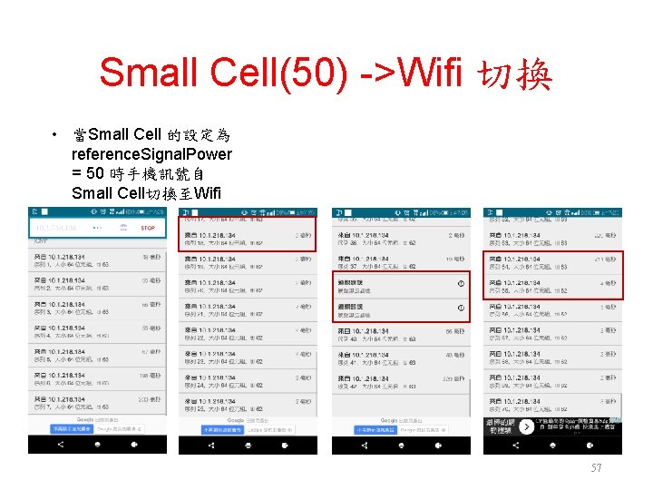 Small Cell(50) ->Wifi 切換 • 當Small Cell 的設定為 reference. Signal. Power = 50 時手機訊號自