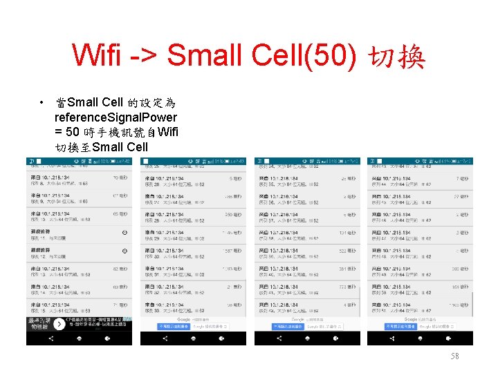 Wifi -> Small Cell(50) 切換 • 當Small Cell 的設定為 reference. Signal. Power = 50