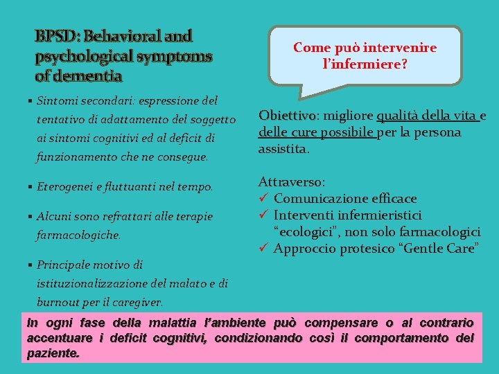 BPSD: Behavioral and psychological symptoms of dementia § Sintomi secondari: espressione del tentativo di