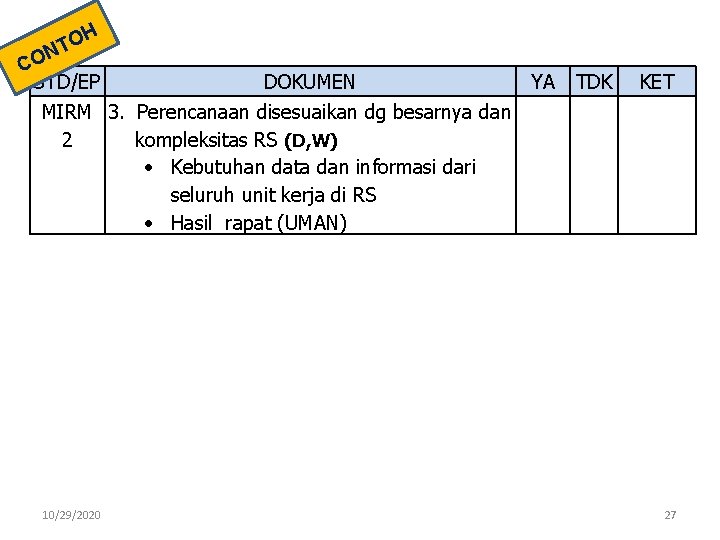 H O NT CO STD/EP DOKUMEN YA TDK KET MIRM 3. Perencanaan disesuaikan dg