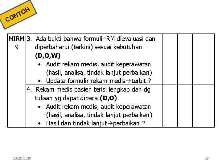 H O NT CO MIRM 3. Ada bukti bahwa formulir RM dievaluasi dan 9