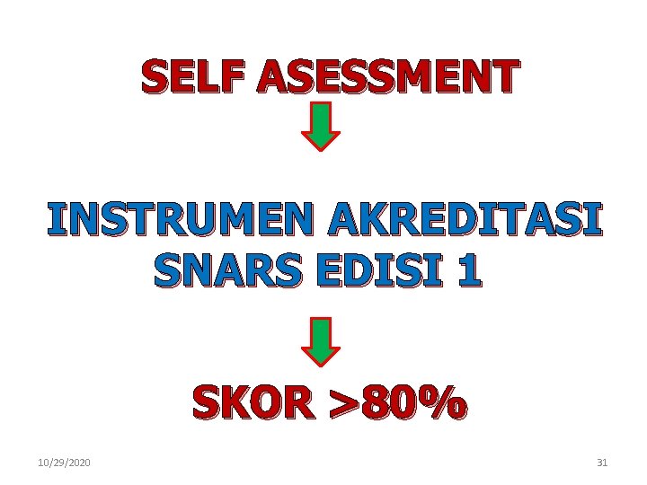 SELF ASESSMENT INSTRUMEN AKREDITASI SNARS EDISI 1 SKOR >80% 10/29/2020 31 