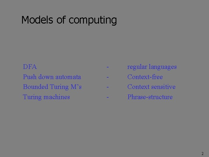 Models of computing DFA Push down automata Bounded Turing M’s Turing machines - regular Models of computing DFA Push down automata Bounded Turing M’s Turing machines - regular