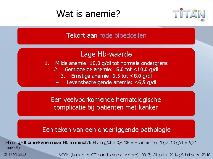Wat is anemie? Tekort aan rode bloedcellen Lage Hb-waarde 1. Milde anemie: 10, 0