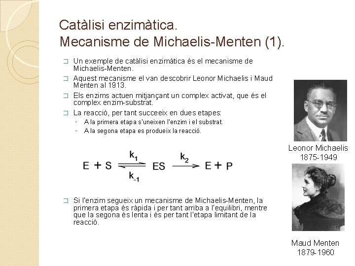 Catàlisi enzimàtica. Mecanisme de Michaelis-Menten (1). Un exemple de catàlisi enzimàtica és el mecanisme