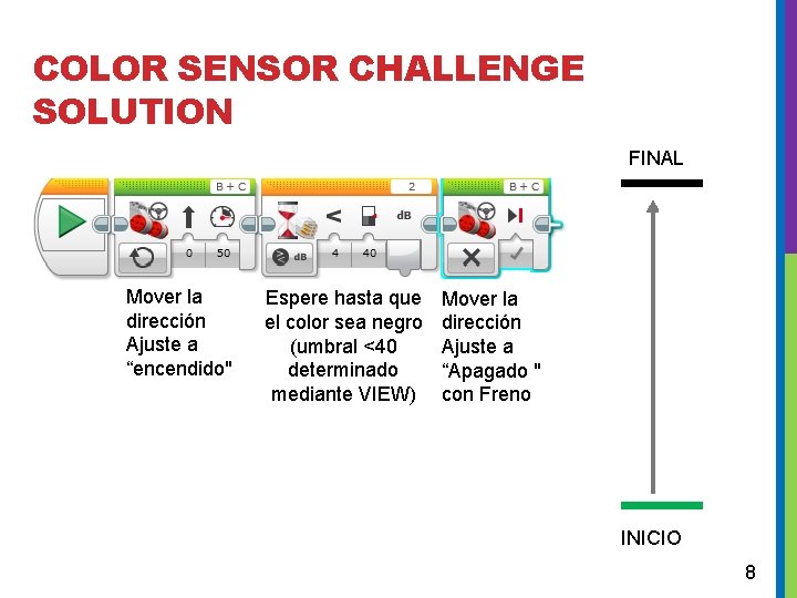 COLOR SENSOR CHALLENGE SOLUTION FINAL Mover la dirección Ajuste a “encendido" Espere hasta que