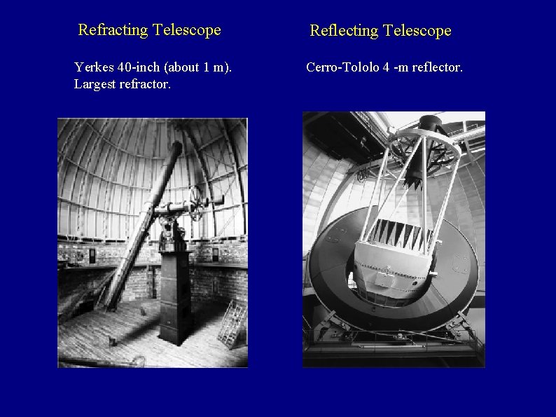 Refracting Telescope Reflecting Telescope Yerkes 40 -inch (about 1 m). Largest refractor. Cerro-Tololo 4